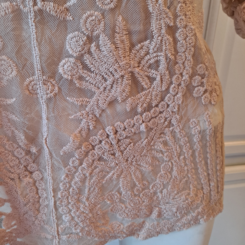 Ultra Pink Blush Dusty Rose Embroidered Sheer Lace Scoop-Neck Blouse - Picture 3 of 12